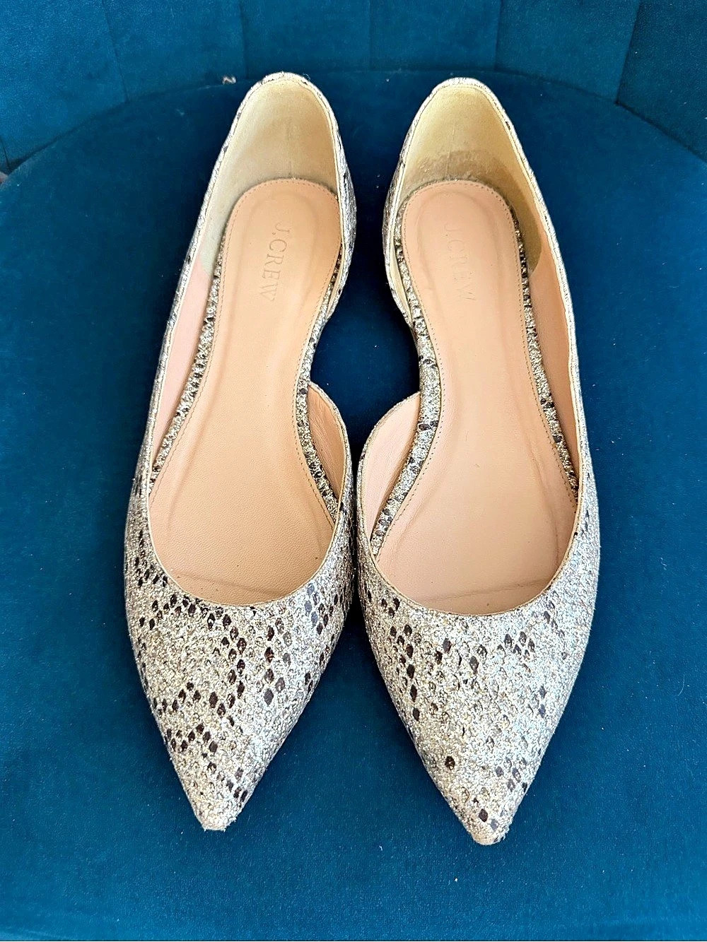 J.Crew Gold Glitter Snakeskin D'Orsay Pointed Toe Flats